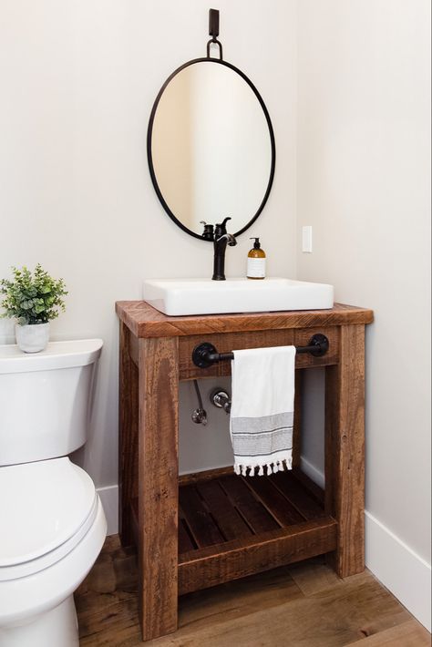 Small Powder Room Ideas Narrow Farmhouse, Small Vanity Sink Ideas, Metal Vanity Bathroom, Boho Vanity Bathroom, Rustic Powder Room Ideas, Modern Farmhouse Powder Room, Bathroom Planning, Bubble Room, Solid Wood Bathroom Vanity