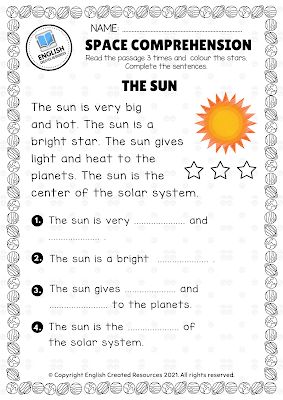 Space Reading Comprehension Sun Worksheet, English Created Resources, Reading Comprehension Grade 1, Free Reading Comprehension Worksheets, Solar System Worksheets, Space Activities For Kids, Reading Comprehension For Kids, Reading Comprehension Kindergarten, Reading Comprehension Lessons