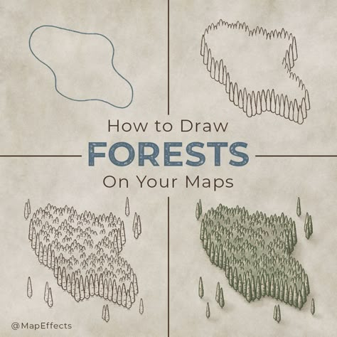 Fantasy Land Map Drawing, How To Draw Trees On A Map, Rice Fantasy Map, Map Trees, Ako Kresliť, Map Sketch, Fantasy Map Making, Map Drawing, Fantasy World Map