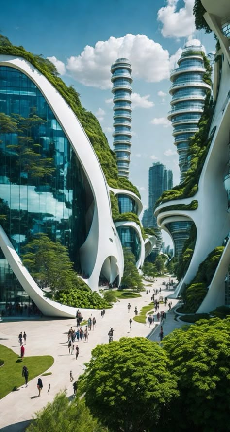 Futuristic School Building Concept Art, Utopian City Architecture, Futuristic City Scape, Futuristic Eco City, Solarpunk Building, Neo Futurism Architecture, Metaverse Aesthetic, City Design Concept, Futuristic Green City