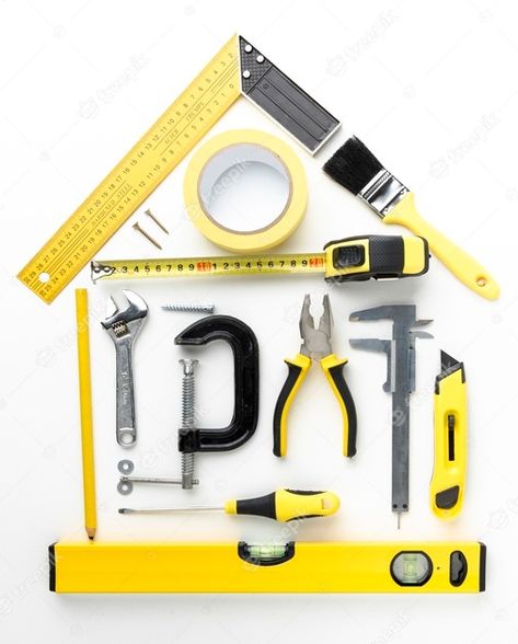 Premium Photo | House arrangement from yellow repair tools top view Dog Architecture, House Arrangement, Construction Birthday Party Food, Construction Garage, Building Construction Materials, Handyman Logo, Shoe Store Design, Construction Business Cards, Cardboard Design