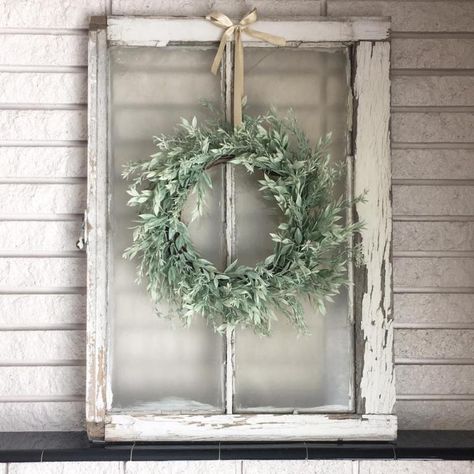 Old Window In Bathroom, Wreath On Window Pane, Porch Mirror Ideas, Old Window Wreath Ideas, Old Farm Windows Decor, What To Do With Old Windows Ideas, Window Frames On Wall, Old Window Christmas Ideas Diy Projects, Old Window Christmas Decor