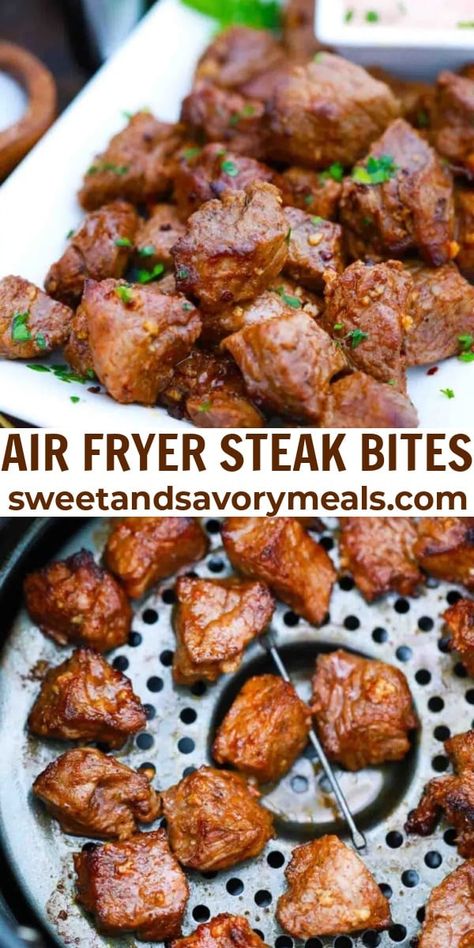 Air Fryer Steak Bites are tasty little pieces of perfectly cooked sirloin steak flavored with garlic, Worcestershire sauce, and smoked paprika. Fodmap Air Fryer Recipes, Stew Meat Air Fryer Recipes, Yummy Easy Dinner Recipes, Air Fryer Steak Bites, Bbq Chicken Bites, Sirloin Steak Recipes, Bruschetta Bar, Cottagecore Recipes, Steak Bites Recipe