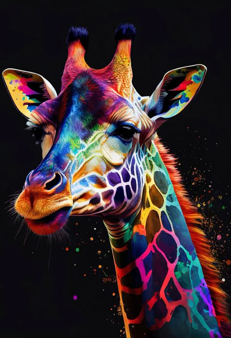 Colorful Giraffe Art, Colourful Animal Paintings, Neon Effect Painting, Rainbow Giraffe, Giraffe Artwork, Colorful Giraffe, Colorful Animal Paintings, Giraffe Drawing, Giraffe Pictures