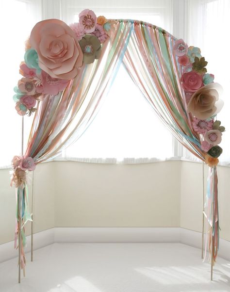 paper flower archway | Paper flower wedding ceremony arch with ribons www.thingsbylaura.co.uk Interior Boho, Wedding Ceremony Arch, Eclectic Wedding, Paper Flowers Wedding, Ceremony Arch, Flower Backdrop, Wedding Deco, Wedding Arch, Wedding Backdrop