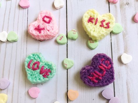 Valentine Crochet Candy Hearts — hustleandhook Heart Crochet Pattern Free, Valentines Heart Candy, Crochet Bangles, Heart Crochet Pattern, Valentine Crochet, Crochet Candy, Crochet Valentines, Heart Applique, Crochet Shoes Pattern