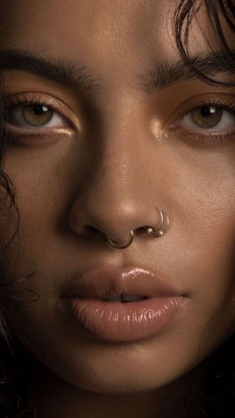 Nose Ring With Septum, Nose Piercing Styles, Three Nose Piercings, Septum And Nose Ring, Dainty Face Piercings, Cool Piercings Face, Face Piercings Women, Nose Piercing Inspo, Cute Facial Piercings