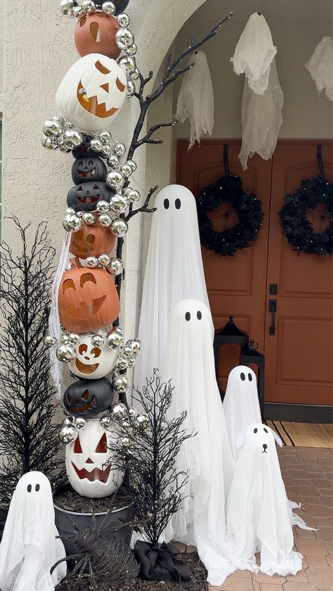 Lit Ghosts curated on LTK Ghost Theme Outdoor Decorations, Halloween Outdoor Ghosts, Ghosts Decoration Outdoor, Ghost Decorations For Halloween, Halloween Cafe, Ghost Halloween Decorations, White Halloween Decor, Pumpkin Porch Decor, Halloween Outdoor Ghost