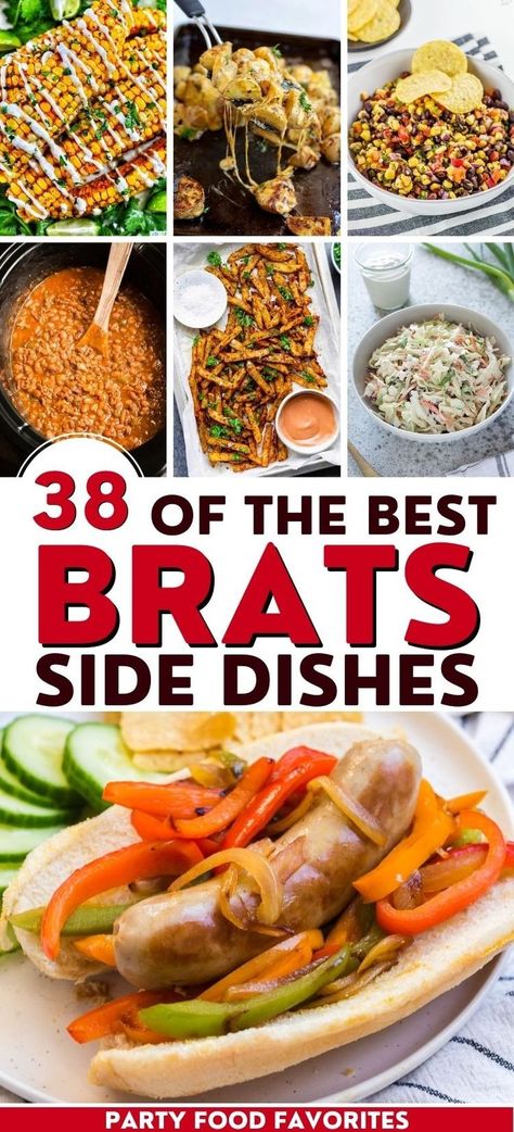 collage of brats side dishes Bratwurst Sides, Air Fried Vegetable Recipes, Bratwurst Dinner, Ranch Potato Recipes, Party Food Favorites, German Side Dishes, Classic Coleslaw Recipe, Grilled Brats, Brats Recipes