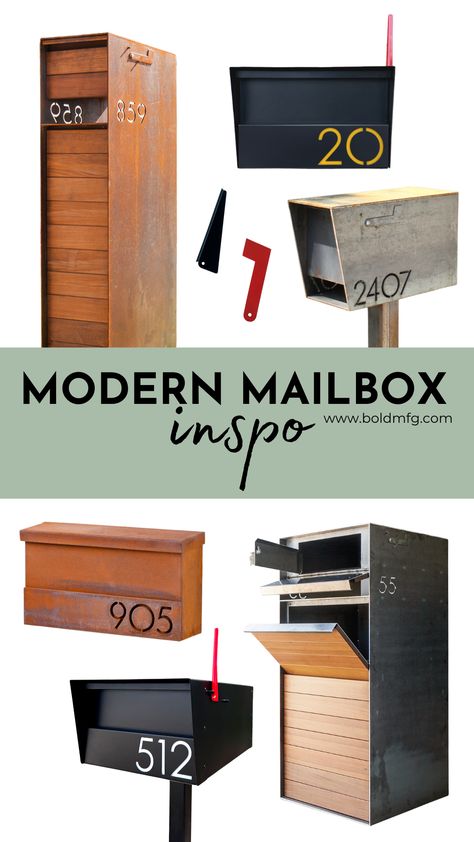 An image featuring modern mailbox designs, including wall mounted mailboxes, curbside mailboxes, black mailboxes, steel mailboxes and steel mailboxes with wood. These mailboxes are sleek, stylish and perfect for contemporary homes. Square Mailbox Ideas, Mailbox With House Numbers, Large Mailbox Ideas, Post Mailbox Ideas, Cool Mailbox Ideas, Mailboxes Ideas Curb Appeal, Wall Mounted Mailbox Ideas, Mail Box Ideas Curb Appeal, Modern Mailbox Ideas