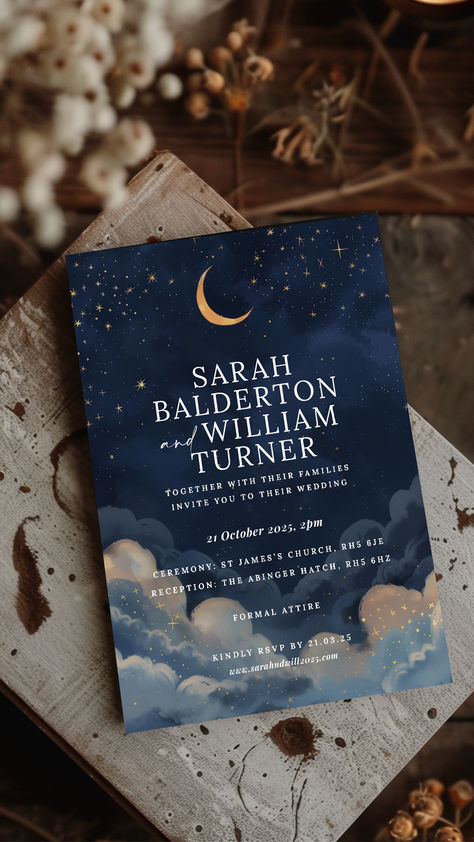 A celestial-themed wedding invitation showcasing a dreamy night sky with a crescent moon and golden stars. Ideal for evening weddings or star-gazing celebrations, this customisable invitation from UtterlyPrintable.com is both elegant and unique. Evening Weddings, Dreamy Night Sky, Celestial Wedding Invitations, Night Sky Wedding, Cream Wedding Invitations, Square Wedding Invitations, Sky Wedding, Minted Wedding Invitations, Dreamy Night