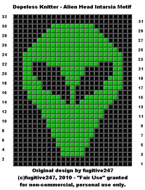 Dopeless Knitter - Alien Head Intarsia Motif | Flickr - Photo Sharing! Alien Knitting Pattern, Vbs Space, Knit Chart, Crochet Alien, Intarsia Crochet, Granny Square Pattern Free, Melt Beads Patterns, Alien Patterns, Crochet Pot