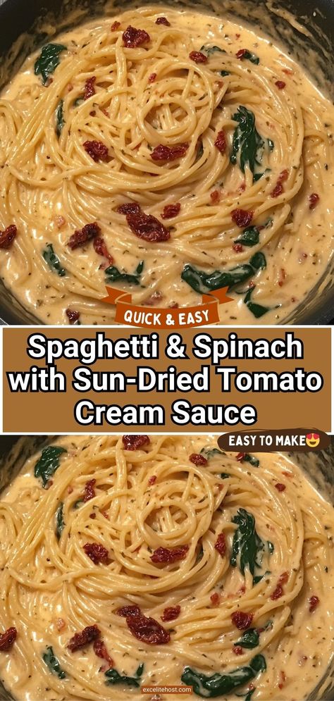 When you’re in the mood for a rich and creamy pasta dish with a hint of freshness, this Spaghetti & Spinach with Sun-Dried Tomato Cream Sauce is a perfect choice. Packed with bold flavors, tender spaghetti, and wilted spinach, this easy to make dish is both satisfying and sophisticated. Spaghetti And Tomatoes Pasta Dishes, Healthy Pasta With Spinach, Spaghetti With Spinach And Sun Dried Tomato, Pasta Dishes With White Sauce, Spaghetti And Spinach Sun Dried Tomato, Spaghetti With Tomato Cream Sauce, Pasta With Cream Cheese And Spinach, Spaghetti With Spinach And Tomatoes, Spaghetti & Spinach With Sun-dried Tomato