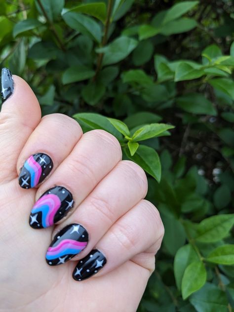 Starry bi pride nails Bisexual Pride Nails Short, Bi Nails Designs, Pride Nails Bisexual, Non Binary Nail Art, Bisexual Flag Nails, Bi Nail Ideas, Nail Designs Pride, Bi Pride Nails Designs, Bisexual Nail Ideas