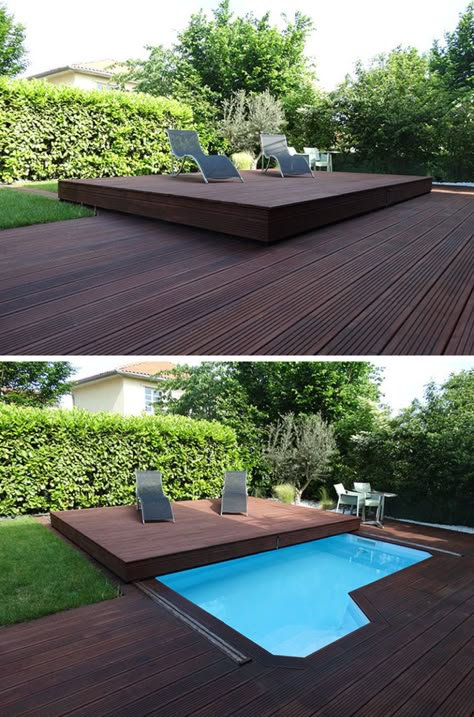 Deck Design Idea - This Raised Wood Deck Is Actually A Sliding Pool Cover Covered Deck Designs, Ideas De Piscina, Sunken Patio, Hot Tub Cover, Small Pools, Small Pool, Design Exterior, Wooden Decks, Swimming Pool Designs