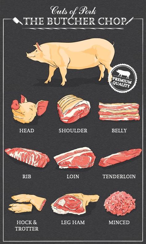 Cuts of pork diagram part of pork cut of meat set. Poster Butcher diagram vintage typographic handdrawn Vector illustration on black Pork Cuts Of Meat, Meat Cuts Poster, Pork Parts, Butcher Diagram, Meat Butcher, Butcher's Cut, Raw Pork, Black Illustration, Meat Shop