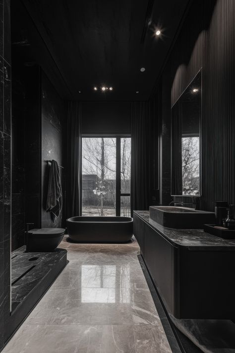 Transform your bathroom into a spa-like space with clean black finishes and details. Black Themed House Interior, All Black Modern House, Black Themed House, Dark Houses, Black Mansion, Black Modern House, First Apartment Tips, Apartment Tips, Fav Aesthetic