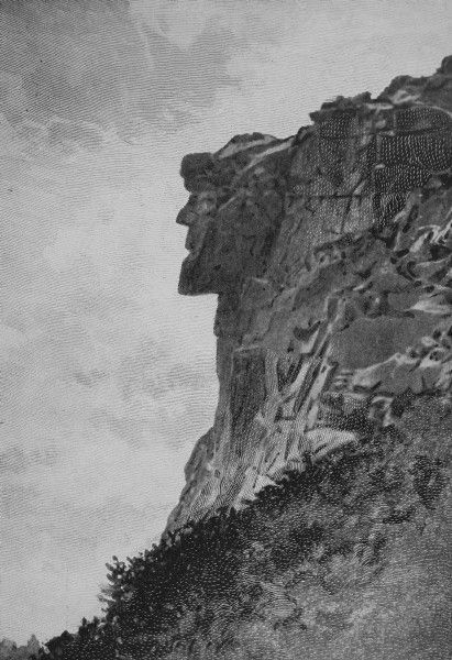 New Hampshire ~ The state's most famous natural rock formation ~ The Old Man of the Mountain. His rock face is 25 feet wide and measures 40 feet from chin to forehead. Geologic events carved this profile into the granite ledges 200 million years ago. (The face fell off in 2003.)  I saw it during a trip to the White Mountains as a child, and remember it fondly. Old Man Of The Mountain, White Mountains New Hampshire, Franconia Notch, Rock Face, White Mountains, Vacation Pictures, Natural Rock, Visitor Center, Rock Formations