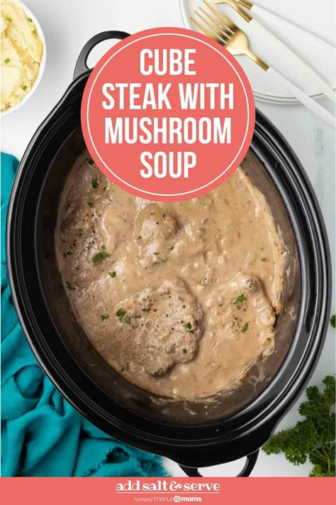 Looking for a quick easy supper idea with almost no prep? Look no further than Crock Pot Cube Steak with Cream of Mushroom Soup. With cube steak, Lipton onion soup mix, condensed cream of mushroom soup, and some water, you can put a delicious home-cooked meal on the table with almost no effort. Crock Pot Cubed Steak Recipes, Cube Steak Crock Pot Recipes, Crockpot Mushrooms, Crock Pot Cube Steak, Supper Idea, Condensed Cream Of Mushroom Soup, Beef Cubed Steak, Cube Steak And Gravy, Crockpot Cube Steak