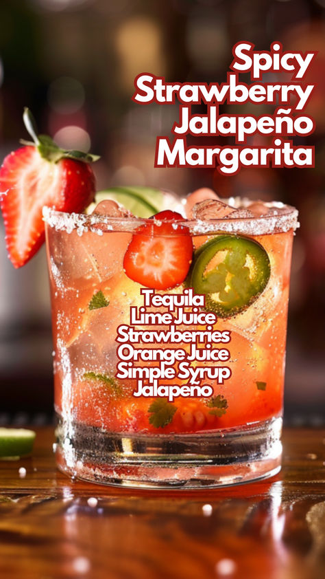 Spicy Strawberry Jalapeño Margarita Jalapeño Drinks, Strawberry Jalapeño Margarita, Jalepeno Tequila Drinks, Spicy Jalapeno Margarita Recipe, Jalapeño Cucumber Tequila Drinks, Spicy Strawberry Margarita, Spicy Jalapeno Margarita, Jalapeno Margarita Recipe, Margarita Flavors