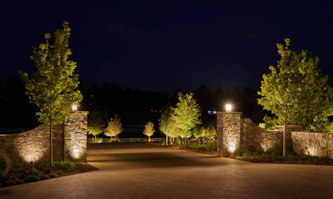 Landscape Lighting Design | Designscapes Colorado Driveway Entrance Lighting, Luxury Driveway, Entrance Gates Driveway, Lined Driveway, Entrance Landscaping, Driveway Entrance Landscaping, Long Driveway, Gabled Roof, Gate Lights