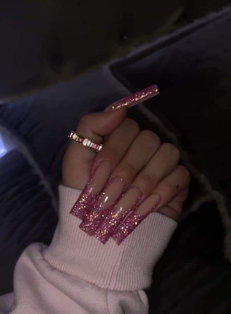 Holographic Nails Acrylic, Russ Millions, Money Calling, Pink Sparkly Nails, Long Square Nails, Sharp Nails, Milky Nails, Nails Design With Rhinestones, Simple Acrylic Nails