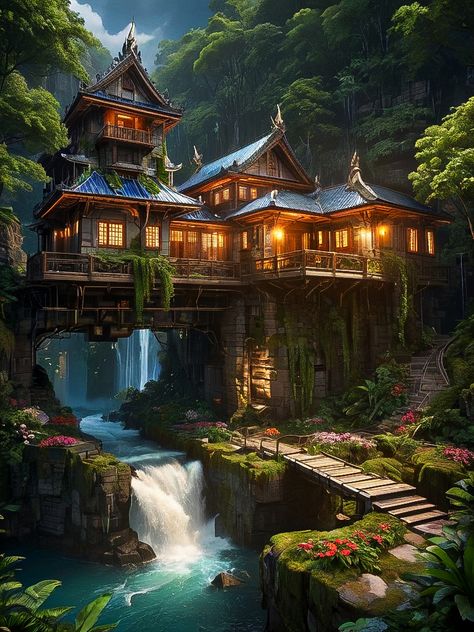 Asian Cottage, Night Time Photos, Red Interior Design, Summer Court, City Builder, Minecraft Images, Mansion Exterior, Japanese Forest, Jungle House