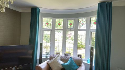 Ceiling Mounted Bay Window Curtain Track in Awkward Bay Window Bay Window Curtain, Bay Window Curtains, Wave Curtains, Silver Bay, Bay Windows, Silver Walls, Long Curtains, Curtain Track, Lined Curtains