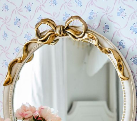 Gold Bow Mirror, Love Shack Fancy Pottery Barn, Loveshackfancy Bow, Bow Mirror, Nursery Mirror, Mirror Pottery, Apartment Decor Ideas, Girly Apartment Decor, Fancy Bows