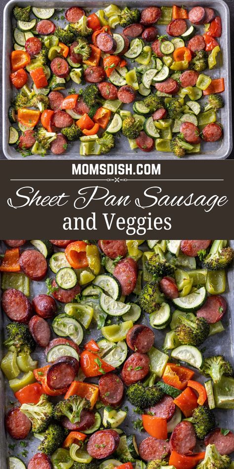 This sheet pan sausage and veggies dish features juicy sausage and a trio of colorful veggies. The flavor is so addicting — you’ll be back for seconds! Smoked Sausage And Veggies One Pan, Pan Veggies Sheet, Sheet Pan Chicken Sausage And Veggies, Sausage And Veggies One Pan, Sheet Pan Dinners Sausage, Sausage Veggie Bake, Sheet Pan Stir Fry, One Pan Sausage And Veggies, Smoked Sausage And Veggies