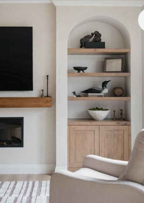 Built In Cabinets Tv Wall, Alternatives To Built Ins By Fireplace, Basement With Bar And Living Room, Diy Shelves Next To Fireplace, Arch Tv Wall Design, Arched Tv Built In, Cabinet Around Fireplace, Basement Built In, Arch Built In