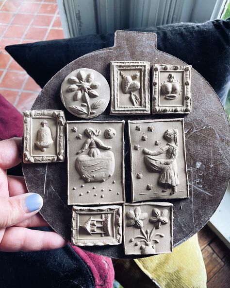 Pottery ceramic clay tiles with a vintage folk feel by Forgotten Fern Folk Art Tiles, Air Dry Clay Tiles, Folk Art Pottery, Clay Tile Designs Ceramics, Clay Tiles Designs, Ceramic Hand Made Tiles, Hilke Macintyre, Air Dry Clay Art, Relief Tiles Ceramics