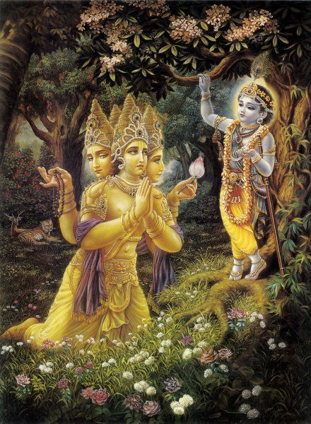 Krishna, the Supreme Personality of Godhead being worshiped by Lord Brahma, the demigod who creates the universe. Swami Prabhupada, Lord Brahma, Lord Siva, Divine Grace, Krishna Radha, Radha Krishna Art, Krishna Photos, Krishna Pictures, Krishna Wallpaper