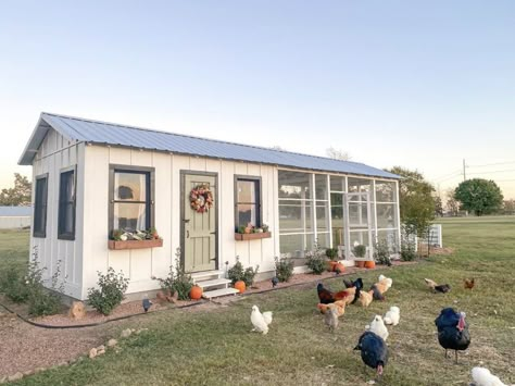 Chicken And Bunny Coop Together, Green And White Chicken Coop, Chicken Coop Exterior, Chicken Coop Greenhouse Combo, Chicken Coop And Garden Layout, Big Chicken Coop, Pretty Chicken Coop, White Chicken Coop, Beautiful Chicken Coop