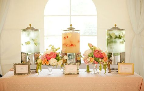 Water Drink Station: Give guests a quick cool down before the ceremony with a water station. Fill stylish water dispensers with fanciful flavors such as lemon and cucumber, lime and mint, and strawberry. Beverage Station Party, Wedding Brunch Reception, Sangria Bar, Wedding Drink Station, Drink Display, Cocktail Hour Wedding, Drink Station, Wedding Drink, Brunch Wedding