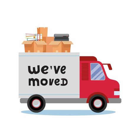 Moving truck and cardboard boxes. Moving Office stuff. Transport company. Trusk side veiw with lettering quote We ve moved. Vector cartoon style illustration Moving Truck Illustration, Anime Bedroom, الإمارات العربية المتحدة, Moving Van, محمد علي, Moving Truck, Box Van, Personal Progress, Transport Companies