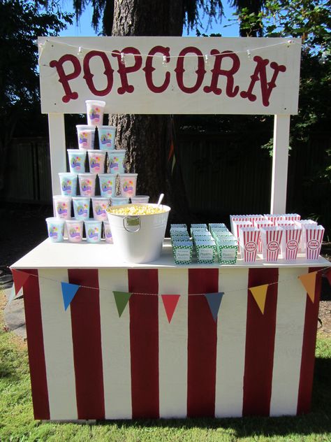 my pop corn stand:) Carnival Popcorn Stand, Diy Popcorn Stand, Festival Stand Ideas, Popcorn Stand Ideas, Candy Stand Ideas, Carnaval Party Ideas, Fair Stand Ideas, Popcorn Table, Lemonade Stand Ideas