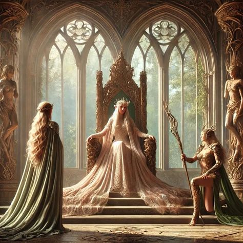 Valkyrie and Nymph were greeted by the Elven Queen in her throne room. #valkyrieandnymph #fantasy #fantasyart #fantasybooks #fantasyai #aifantasyart #aiart #aiartwork #aiartcommunity #ai #digitaldrawing #digitalartist #digitalpainting #digitalillustration #digitalcreator Elven Throne Room, Elven Princess Art, Dnd Lore, Elven Aesthetic, Fantasy Inspo, Elven Queen, Elven Princess, Fantasy Queen, Faery Queen