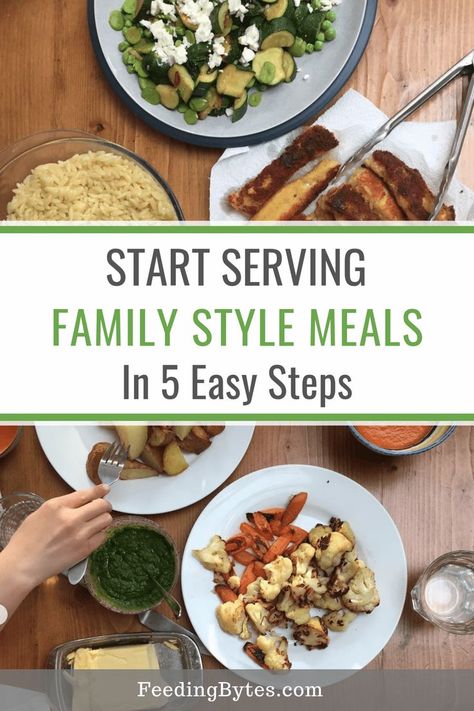 Family style meals help children become more independent and reduce mealtime struggles with picky eaters. Here's how to start serving family style meals without stress. - Feeding Bytes UK #familystylemeals #mealtime #familymeals #pickyeater #pickyeating #divisionofresponsibility Family Meals Kids, Family Meals Kid Friendly, Dinner Recipes Healthy Family, Family Nutrition, Budget Family Meals, Large Family Meals, Family Style Meals, Family Style Dinner, Family Lunch