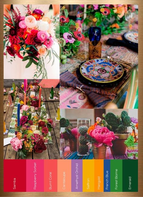 Colorful Eclectic Wedding Decor, Modern Mexican Wedding Colors, Wedding Venues Colorful, Bohemian Whimsical Wedding, Mexican Party Color Palette, Bright And Bold Wedding Colors, Mexican Wedding Colors Palette, Colorful May Wedding, Vibrant Mexican Wedding