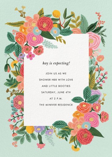 Paperless Post - Garden Party (Tall) by Rifle Paper Co. Modern Baby Shower Themes, Online Baby Shower Invites, 1st Birthday Invitation Template, Online Party Invitations, Cocktail Party Invitation, Adult Birthday Invitations, Bloom Baby, Paperless Post, Baby Invitations