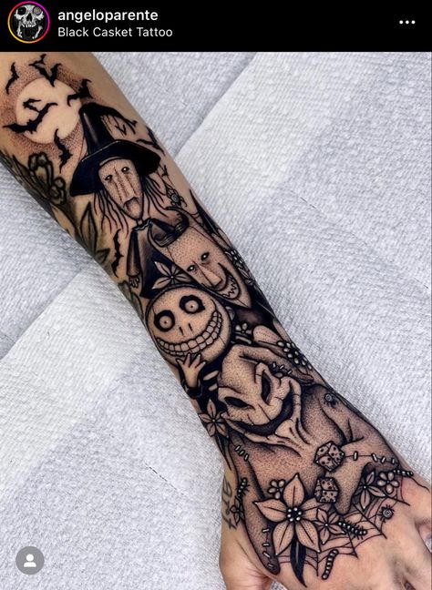 Half Sleeve Tattoos For Women Upper Arm Halloween, Cute Halloween Sleeve Tattoo, Sleeve Tattoos Halloween, Men's Forearm Tattoo Ideas, Ooga Booga Tattoo, Oogie Boogie Man Tattoo, Oogey Boogey Tattoo, Oggie Boogie Tattoo, Oogy Boogy Tattoo