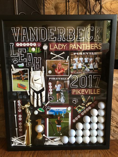 Golf shadow box for graduating senior Medal Display Ideas Golf, Senior Night Shadow Box Ideas, High School Sports Shadow Boxes, Football Jersey Shadow Box Ideas, Sport Shadow Box Ideas, Senior Shadow Box Ideas Sports, Senior Night Gift Ideas Golf, Senior Poster Board Ideas Golf, Basketball Shadow Box Ideas