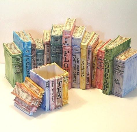 Pottery Canister Sets, Ceramic Kitchen Canister Sets, Hand Painted Kitchen, Ceramic Kitchen Canisters, Ceramic Canister Set, Ceramic Canisters, Faux Books, Arte Grunge, Ceramic Canister