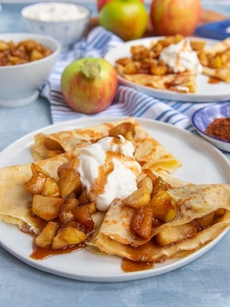 Apple Cinnamon Crepes - Bakes by Brown Sugar Apple Topping For Pancakes, Cinnamon Crepes, Topping For Pancakes, Brown Sugar Recipe, Apple Crepes, Pancakes Crepes, Apple Topping, Sweet Crepes Recipe, Crepes Filling