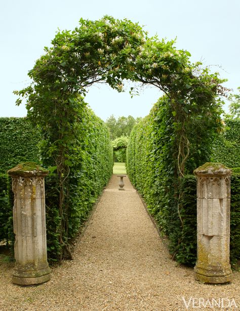 Gothic stone columns and an arch of jasmine and honeysuckle. Hornbeam allée. #OutdoorLiving Areas Verdes, Formal Gardens, French Garden, Gorgeous Gardens, Patio Stones, Garden Gates, English Garden, Garden Spaces, Shade Garden