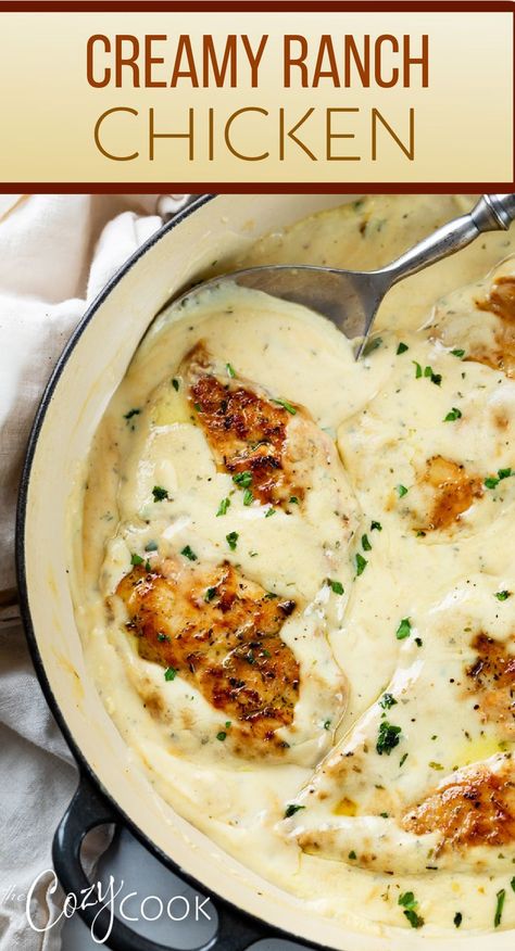 Ranch chicken in a skillet with a white ranch sauce on top of seared chicken Creamy Ranch Chicken Recipe, Creamy Ranch Chicken, Ranch Seasoning Recipes, Zesty Ranch, Baked Ranch Chicken, Creamy Chicken Recipes, Delicious Family Dinners, Ranch Chicken Recipes, Creamy Ranch