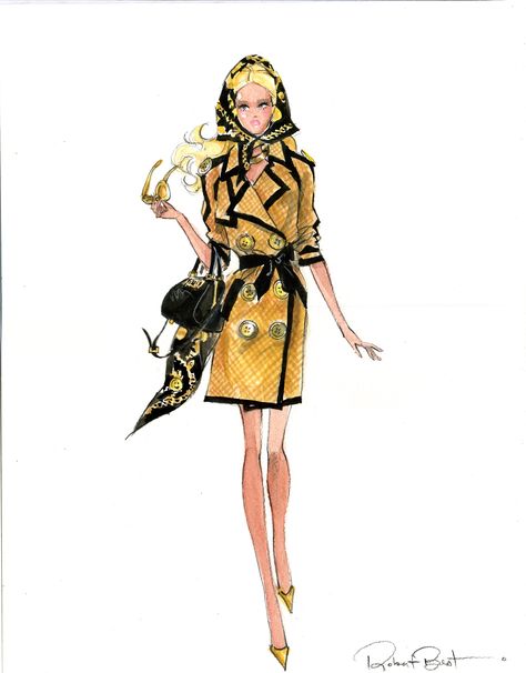 Moschino Barbie Illustration by Robert Best Robert Best Barbie Illustration, Fashion Illustration Barbie, Barbie Robert Best, 60s Fashion Drawings, Robert Best Illustration, Robert Best Barbie Sketches, Suit Fashion Illustration, Fashion Drawings Sketches, Robert Best Barbie