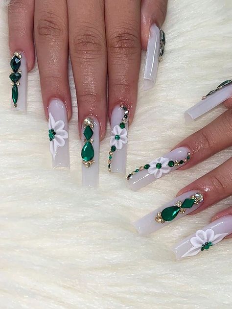 Instantly Upgrade Your Look with 24 pcs long square press on nails Autumn Green Fairy emerald smoke rich emerald shaped diamond fairy petal sparkle diamond sugar white French ball/tea party necessary fake nails with jelly glue and file strip 1 pieceI discovered amazing products on SHEIN.com, come check them out! Square Press On Nails, Green Acrylic Nails, Graduation Nails, Spring Acrylic Nails, White Acrylic Nails, Green Nail, Unique Acrylic Nails, Party Nails, Nail Forms