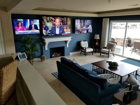 Three Tvs In Living Room, Double Tv Setup Living Room, 2 Tvs In Living Room, 3 Tvs On One Wall, Multiple Tvs On Wall, Two Tvs In One Room Ideas, Tv Setup Living Room, 75 In Tv, 100 Inch Tv